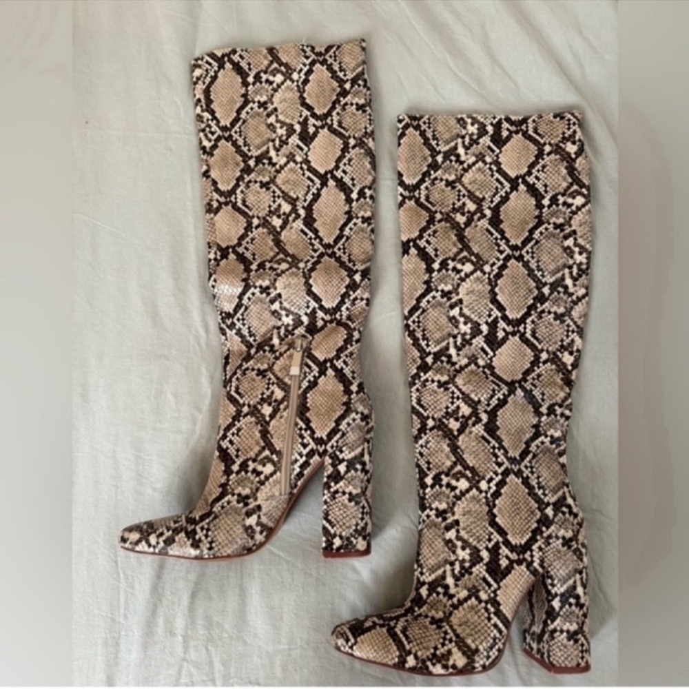 Zara Snake-Print Over-the-Knee Boots in Beige and Brown